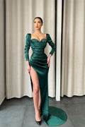 Long Sleeve Dark Green Evening Dress with Split Sequins BM bride