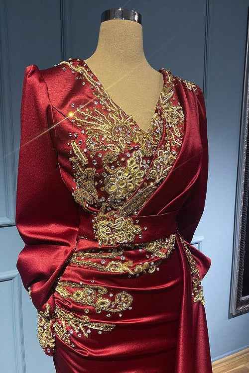 Burgundy Mermaid Long Sleeves Beads Ruffles Prom Dress With Appliques