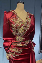 Burgundy Mermaid Long Sleeves Beads Ruffles Prom Dress With Appliques