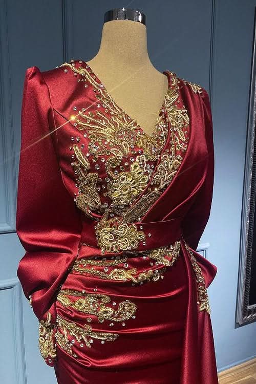 Burgundy Long Sleeve Mermaid Evening Dress with Bead Appliques and Ruffles BM bride