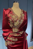 Burgundy Long Sleeve Mermaid Evening Dress with Bead Appliques and Ruffles BM bride