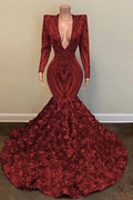 Wine Red V-Neck Long Sleeve Sequined Lace Mermaid Prom Dress with Floral Bottom BM bride