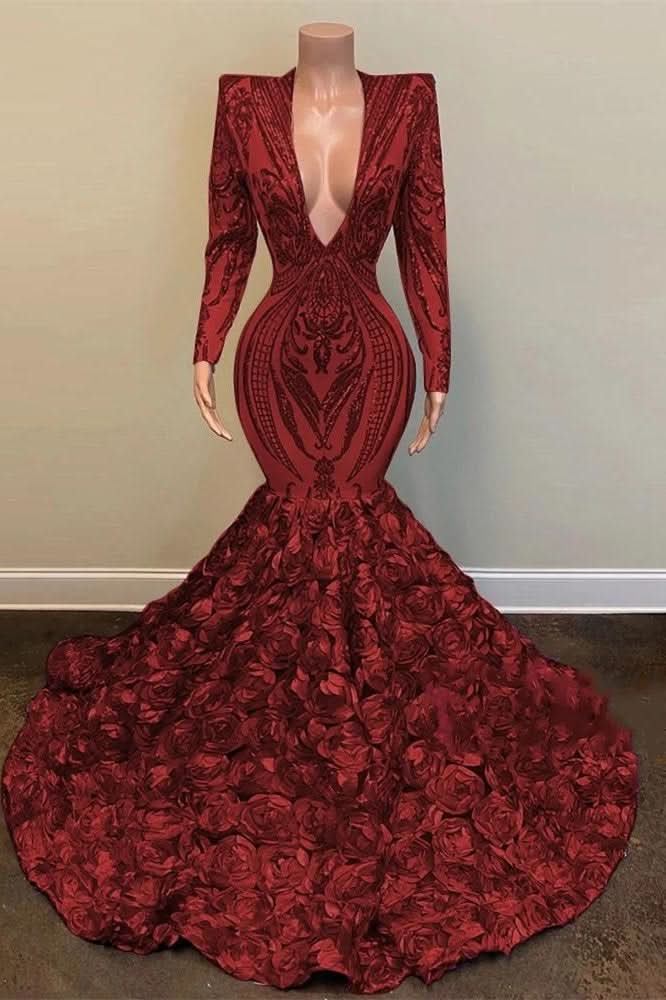 Wine Red V-Neck Long Sleeve Sequined Lace Mermaid Prom Dress with Floral Bottom BM bride