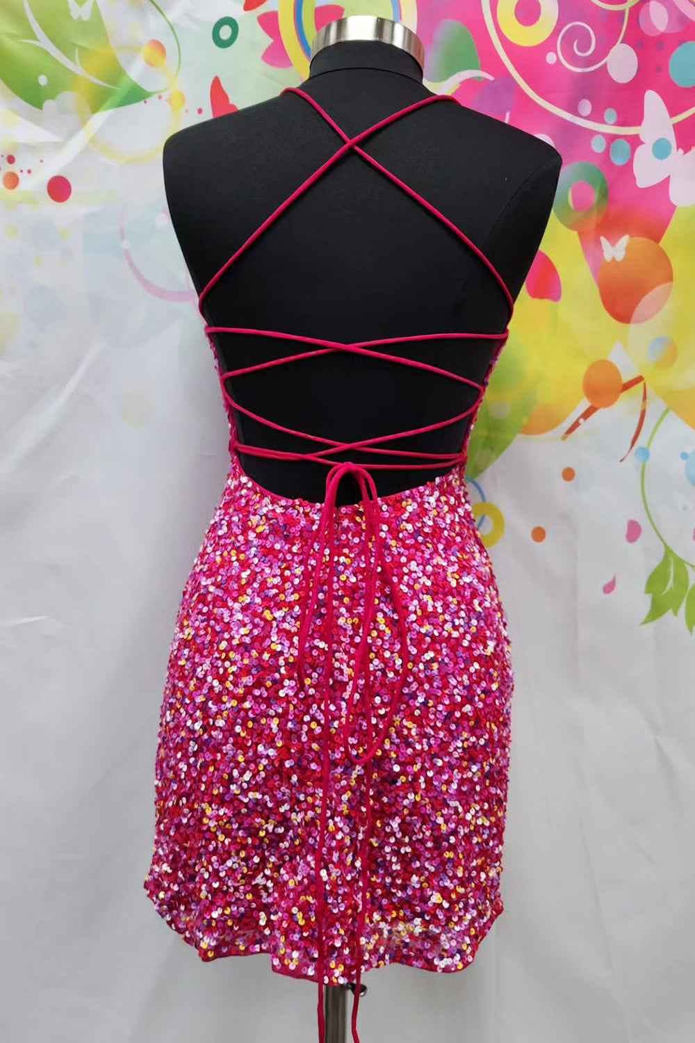 Sparkly Fuchsia Sequined Spaghetti Straps Tight Short Homecoming Dress