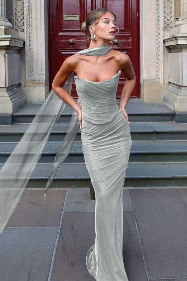 Chiffon Strapless Sleeveless Long Mermaid Prom Dress With Pleated