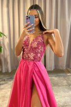 Pink Long Prom Dress With Split A Line V Neck Lace Appliques