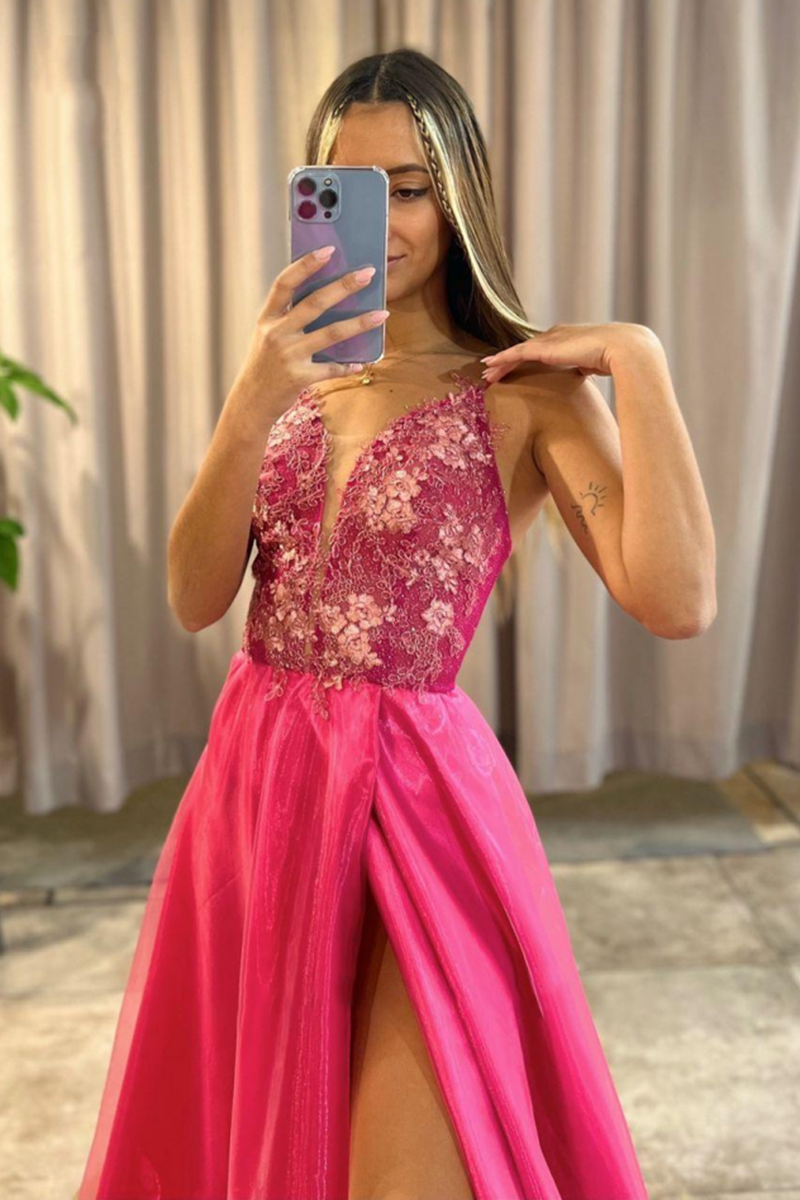 Pink Long Prom Dress With Split A Line V Neck Lace Appliques