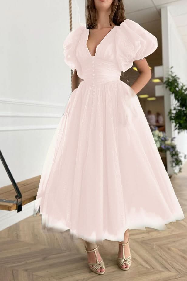 Dark Green V-Neck Evening Dress A-Line with Short Sleeves on Sale BM bride