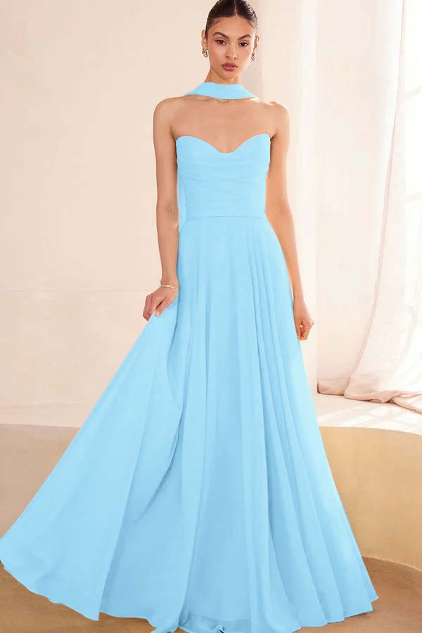 Chiffon Strapless Sleeveless Long A Line Prom Dress With Pleated