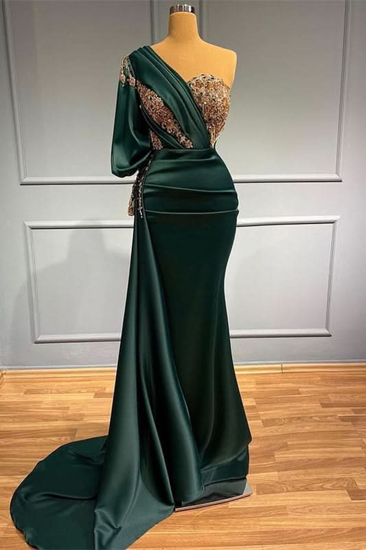 Dark Green One-Shoulder Beaded Mermaid Prom Dress with Appliques BM bride