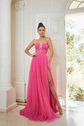 Chic Tulle Strapless Sleeveless Split Long Prom Dress With Sequins