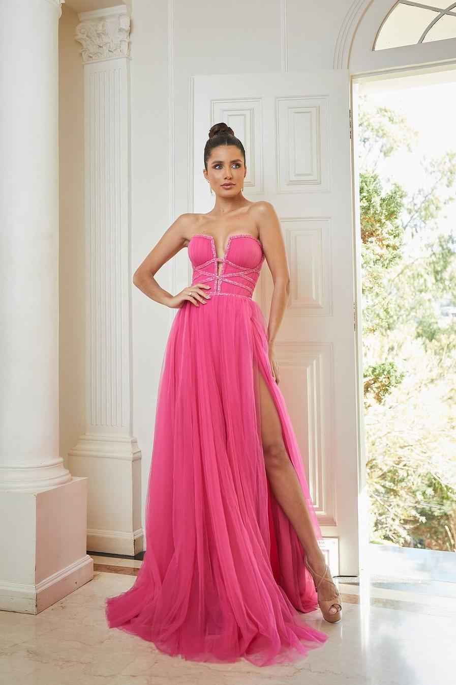 Chic Tulle Strapless Sleeveless Split Long Prom Dress With Sequins