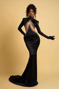 Black High Neck Prom Dress Charmeuse Long Sleeves Beadings Gloves
