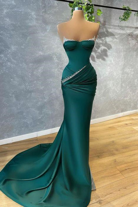 Dark Green Strapless Mermaid Prom Dress with Beads BM bride