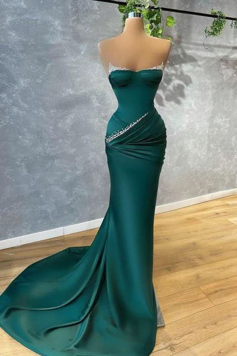 Dark Green Strapless Mermaid Prom Dress with Beads BM bride