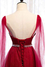 Burgundy Spaghetti Strap Sleeveless Prom Dress Tulle Ruffles With Beading