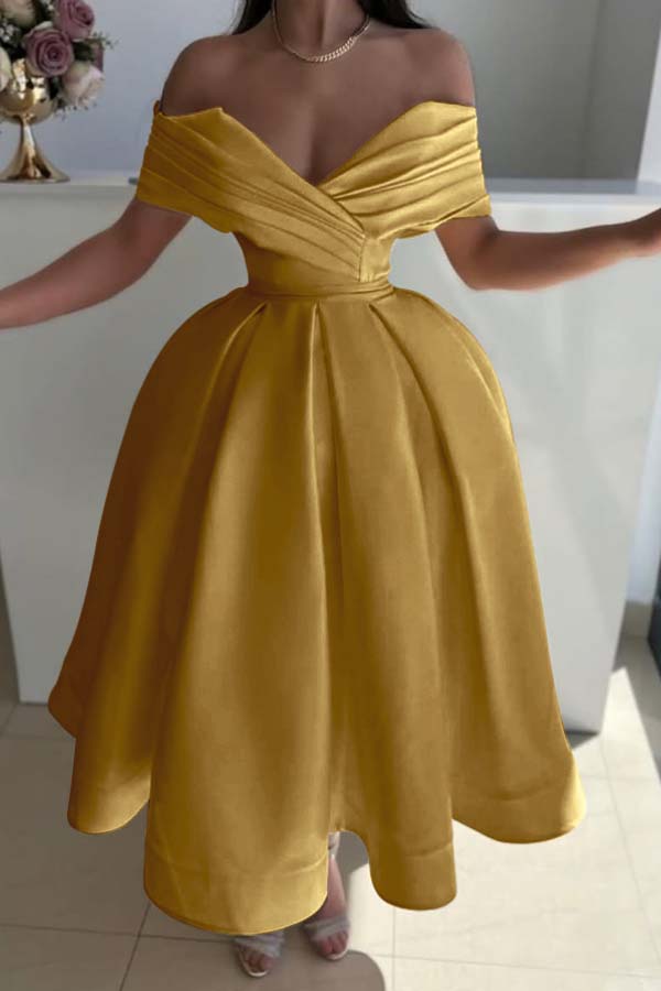 Off the Shoulder Sleeveless A Line Prom Dress With Pleated BMBRIDE