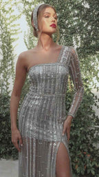Elegant Sliver One shoulder Rhinestone Sleeves Split Long Prom Dress