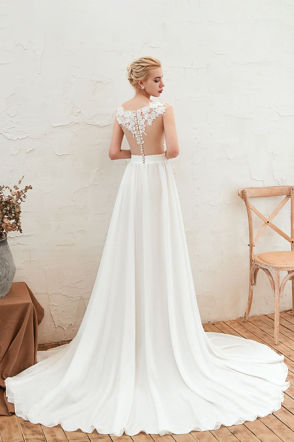 Bateau Neck A-Line Chiffon Wedding Dress with Lace Appliques, Ruffles, and Slit BM bride