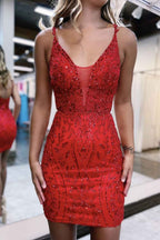 Sparkly Red Sequins Spaghetti Straps Tight Short Hoco Dress