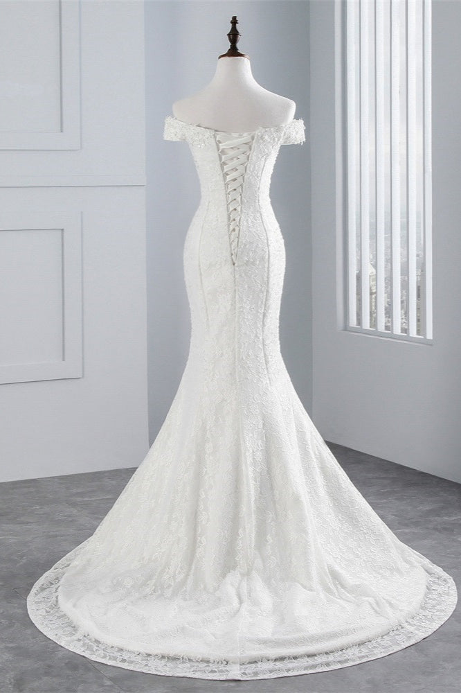 Off-the-Shoulder Long Mermaid Wedding Dress with Lace BM bride