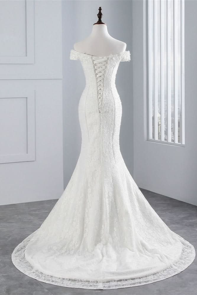 Off-the-Shoulder Long Mermaid Wedding Dress with Lace BM bride
