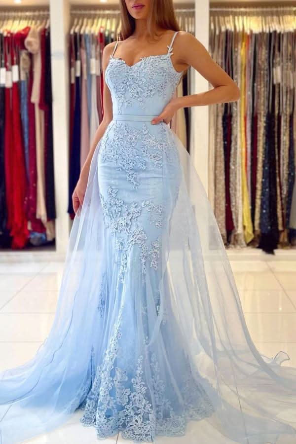 Sky Blue Lace Mermaid Prom Dress BM bride