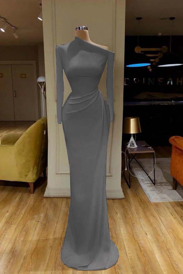 Charming White One Shoulder Mermaid Long Sleeves Prom Dress With Pleated BMBRIDE