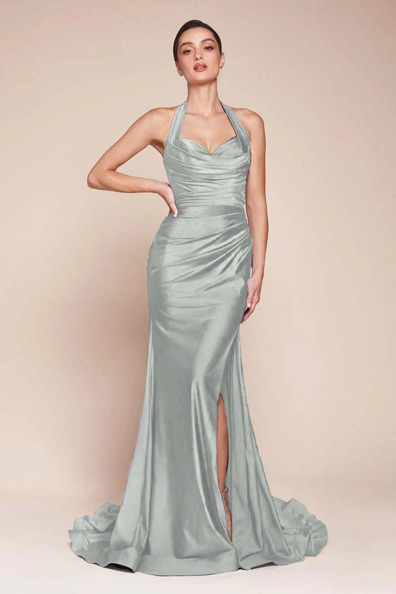 Halter Sleeveless Split Mermaid Long Prom Dress With Pleated BMBRIDE