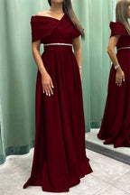 Elegant Off-the-Shoulder Long Pleated Evening Dress On Sale BM bride