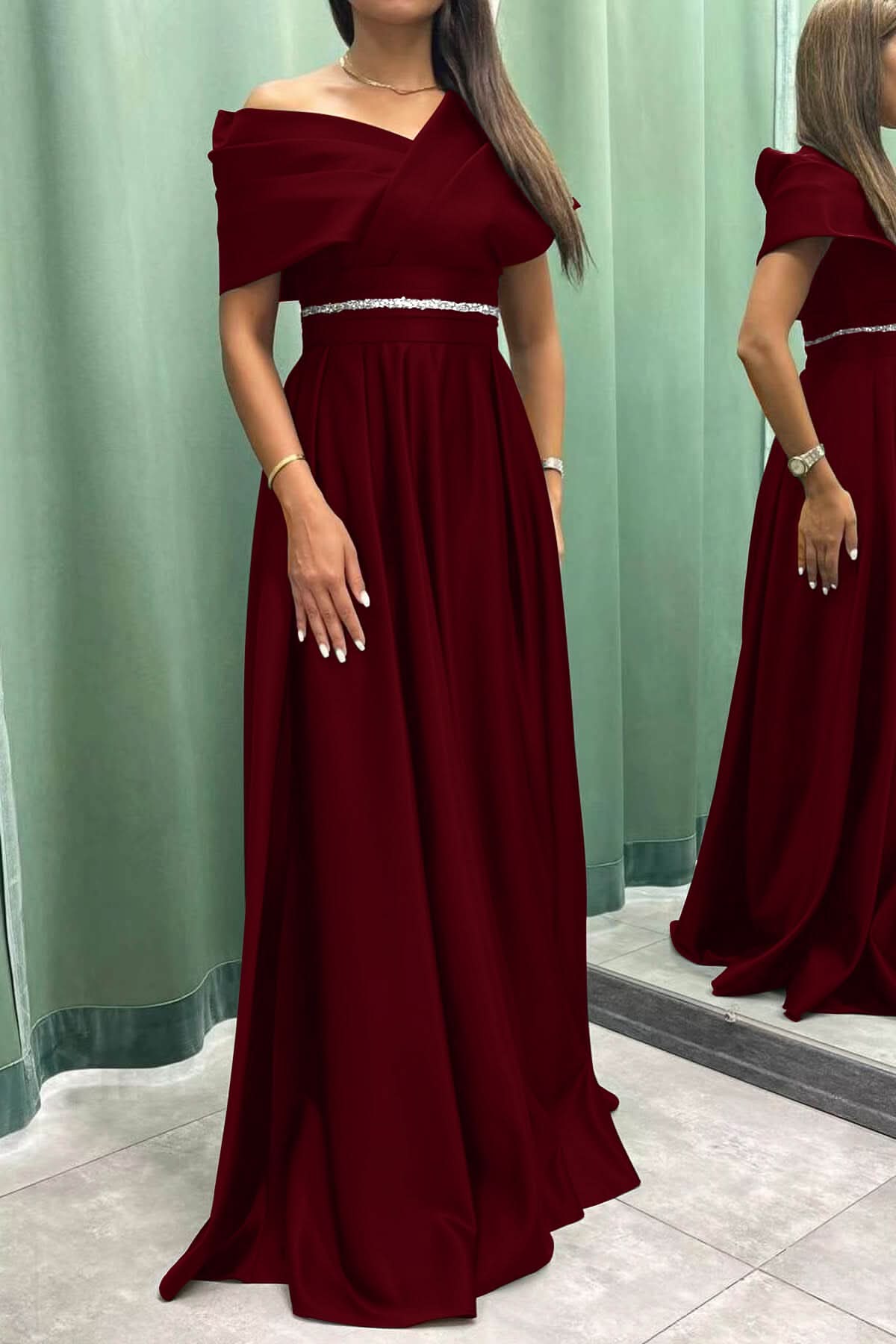 Elegant Off-the-Shoulder Long Pleated Evening Dress On Sale BM bride