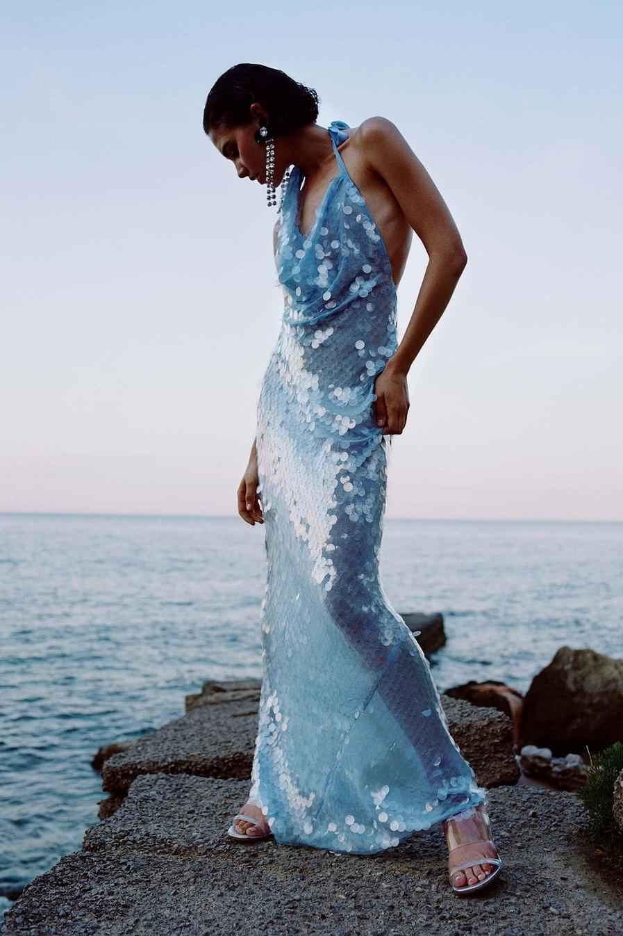 Halter Backless Sleeveless Mermaid Long Prom Dress With Sequins