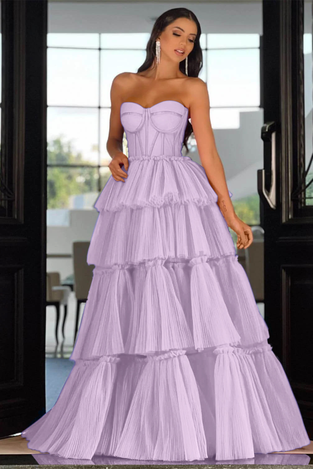 Elegant Sweetheart Strapless Prom Dress Long Sleeveless Layers Hot Pink BMBRIDE
