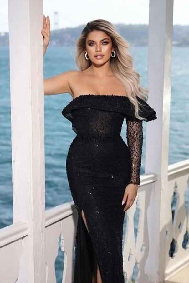 Black Sequins One Shoulder Long Sleeve Mermaid Long Prom Dress With Split