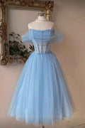 Tulle Off The Shoulder Sleeveless Short A Line Prom Dress With Beading BMBRIDE