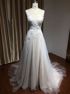 Floral Applique A-Line Wedding Dress with Side Split and Backless Design BM bride