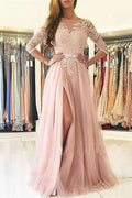Pink 3/4 Sleeves Prom Dress with Split BM bride