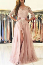 Pink 3/4 Sleeves Prom Dress with Split BM bride