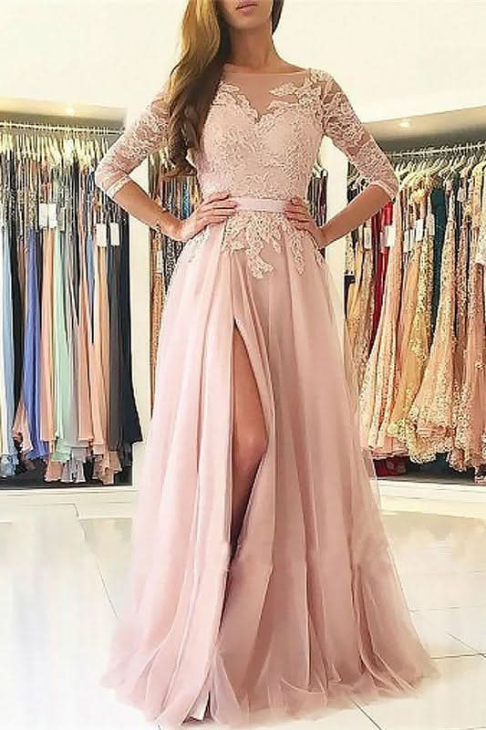Pink 3/4 Sleeves Prom Dress with Split BM bride