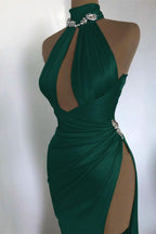 Elegant Sexy Champagne Gold Evening Dress with Off-the-Shoulder High Neck and Pleated Slit BM bride