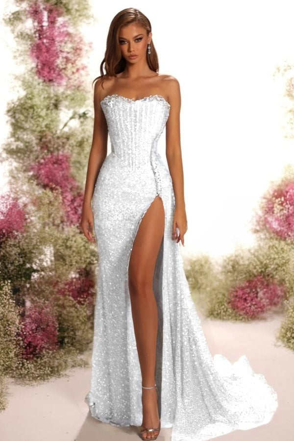 Strapless Sleeveless Long Split Prom Dress With Pleated Sequins BMBRIDE