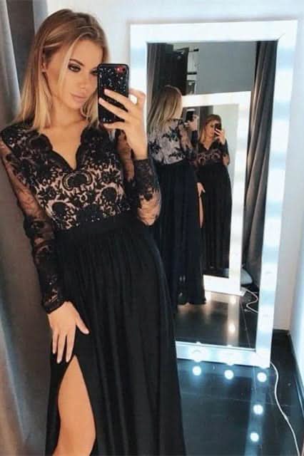 Long Sleeves Black Prom Dress with Split BM bride