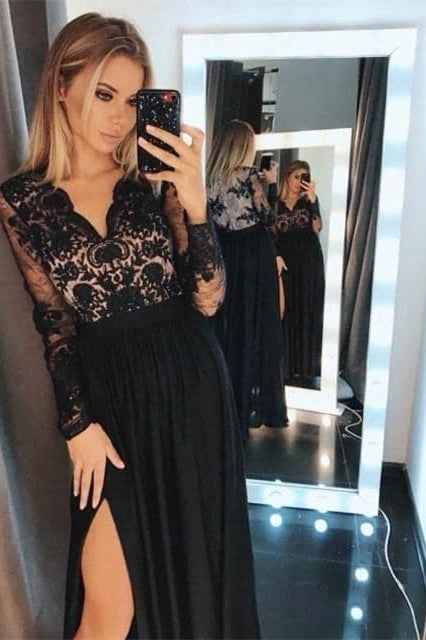 Stunning Black V Neck Long Sleeves A Line Split Prom Dress With Embroidery