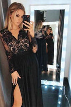 Stunning Black V Neck Long Sleeves A Line Split Prom Dress With Embroidery