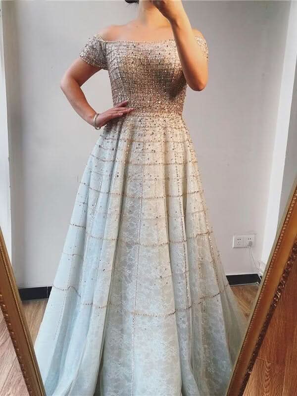Sequined Off-Shoulder Prom Dress with Long Sleeve Pleated A-Line Design BM bride