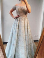 Sequined Off-Shoulder Prom Dress with Long Sleeve Pleated A-Line Design BM bride