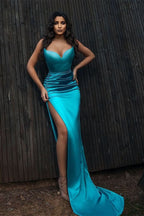 Sweetheart Blue Long Mermaid Prom Dress with Slit BM bride