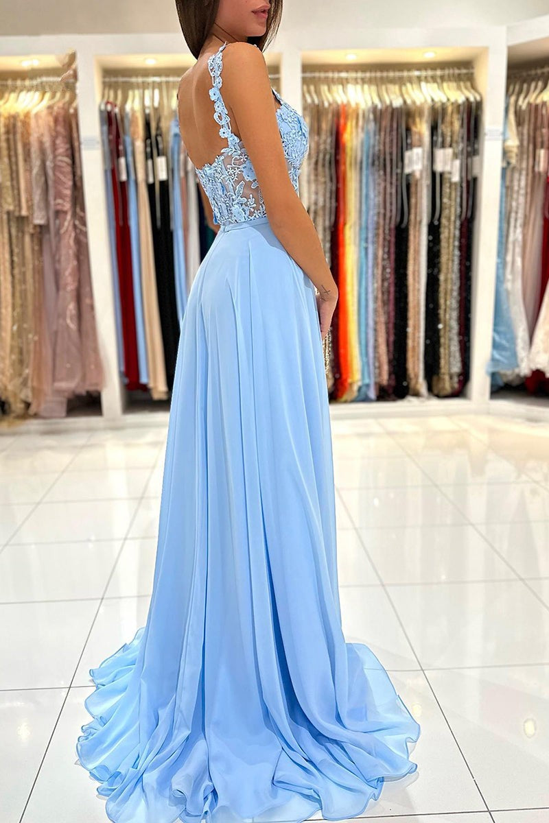 Baby Blue Sweetheart A-Line Lace Long Prom Dress with Slit BM bride