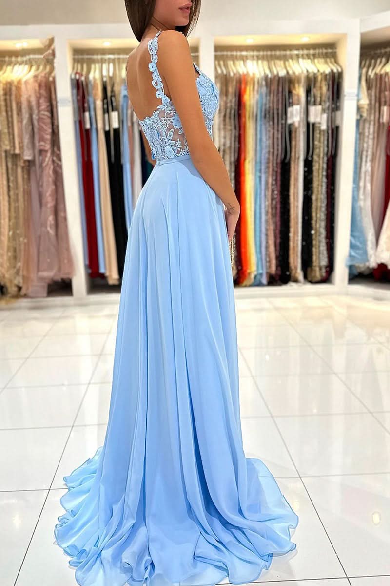 Baby Blue Sweetheart A-Line Lace Long Prom Dress with Slit BM bride