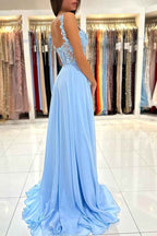 Baby Blue Sweetheart A Line Lace Long Prom Dress With Slit
